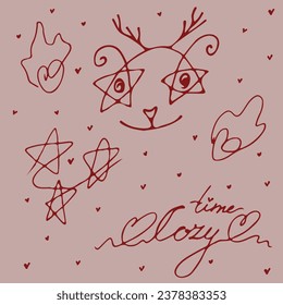 Hand-drawn set of tems with cozy time theme.Illustration in sketch style.Doodle cute character,deer,stars,line art, burning hearts,lettering,boho for card,poster,label,print,t-shirt,design,tattoo