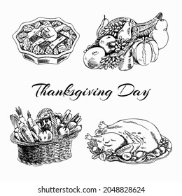 A hand-drawn set of Thanksgiving dishes: baked turkey, cornucopia, basket of vegetables, apple pie. Vintage ink drawings. Vector illustration for labels and postcards.