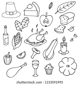 Hand-drawn set of Thanksgiving illustrations. Vector cartoon doodles. Isolated objects on a white background.