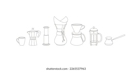 Conjunto de herramientas para preparar café a mano. Línea de arte. Ilustración vectorial para cafeterías, cafés y restaurantes.