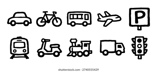 Hand-drawn set of transportation icons including car, bicycle, bus, airplane, train, scooter, truck, and traffic signs in a simple doodle style.