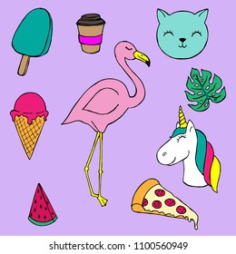 Hand-drawn set of trendy elements of design. Vector colorful cartoon doodles. Isolated objects. Food and nature.