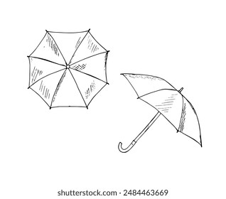 Hand-drawn set of umbrellas in various positions. Opened umbrellas. Doodle style Vector illustration isolated on white.