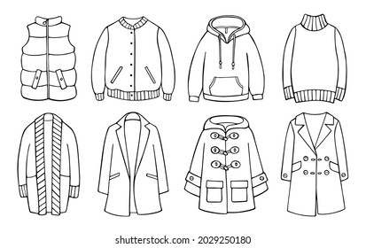 Hand-drawn set of unisex clothes for cold weather, spring, autumn, winter. Doodle items isolated on the white background