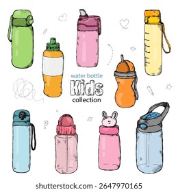 Hand-drawn set with various baby water bottles and doodles on a white background.