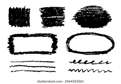 Hand-drawn set of various elements, charcoal, graphite pencil texture. Frame, doodle lines, oval, rectangular shapes. vector illustration.
