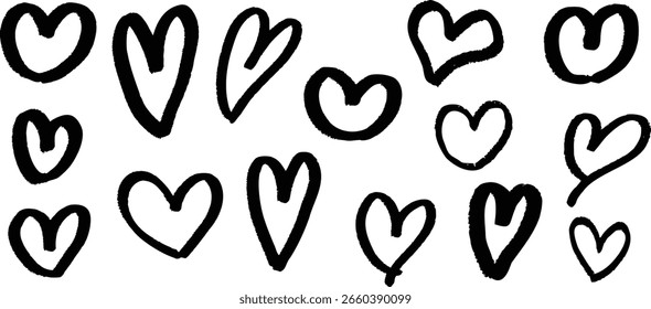A hand-drawn set of various heart shapes. Vector Illustration isolated on a transparent background.