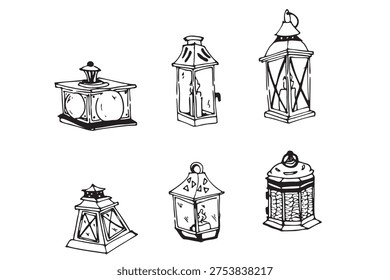 Hand-drawn set of various lanterns and lamp designs. Versatile collection of traditional and vintage lighting elements.