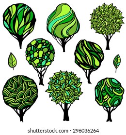 Hand-drawn set of various trees.Summer color scheme. Logo template.