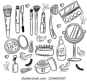 Hand-drawn set of vector cosmetics. Doodle illustration