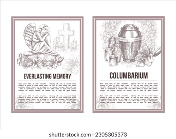 A hand-drawn set of vector funeral service banners.  Sketch illustration for condolence card and advertising of columbarium and cemetry with urn for ashes, vintage tombstone angel, wreath, cross