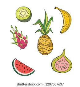 Hand-drawn set if vector icons with tropical fruits. Could be used for web or print infographic, good for vegan and vegetarian-oriented products. Banana, kiwi,pineapple, fig, watermelon,dragon fruit