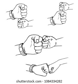 Hand-drawn set vector illustration of a greeting fist in a fist day child and a man's hand