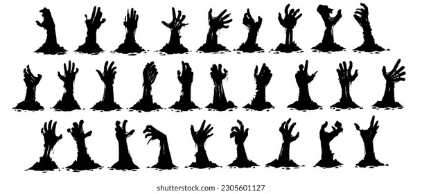 Hand-drawn set of vector silhouette zombie hands bursting out of the ground on a white background for games, animation or other graphic products. Scary zombie hands. Creepy hands for Halloween.