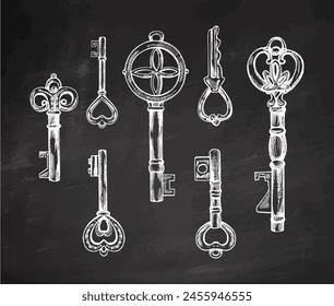Hand-drawn set of vintage decorative keys sketches with intricate forging. Ink and pen drawing illustration, keys on chalkboard background.