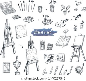 Hand-drawn set of vintage sketch illustration of artistic tools. Brushes, canvas, easel, paint and palette. Vector Icons