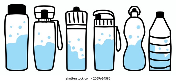 Hand-drawn set of water bottles. A set of bottles made of reusable plastic or glass.