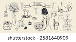  A hand-drawn set for a wedding celebration. Champagne, the bride with a bouquet of roses, dessert, glasses, ribbons, bows, flowers, candles. Vector illustration for invitations, parties, menus, card
