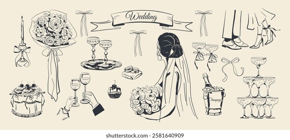  A hand-drawn set for a wedding celebration. Champagne, the bride with a bouquet of roses, dessert, glasses, ribbons, bows, flowers, candles. Vector illustration for invitations, parties, menus, card