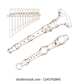 Hand-drawn set of wind musical instruments.  Engraving art. Flute for banner and advertising by cross-hatching, contour hatching pen ink sketch drawing technique.Use tecnicial handle. Vecto