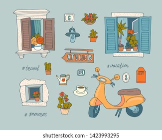 Hand-drawn set of windows, home plants, house nombers and motorbike