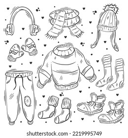 Ropa de invierno con colorido de doodle
