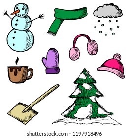 Hand-drawn set of winter illustrations. Vector cartoon sketches. Isolated objects on a white background.