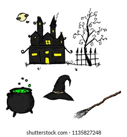Hand-drawn set of witch accessories. Vector cartoon sketches. Isolated objects on a white background. Halloween conception.