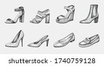 Hand-drawn set of women shoes. Block Heels, Ankle Booties on medium heel, Ballerina flats, Pumps, stiletto, Open Toe Sandals, Slingback medium heel, Wedge Sandals, Loafers, slippers, moccasins.