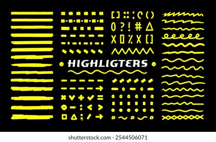 Hand-drawn set yellow highlight marker lines, underlines, rounds, arrows, punctuation marks, tick marks, and sketches. The brush lines are isolated on a black background. Doodle notes vector elements.