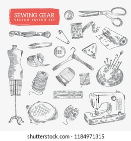 Hand-drawn sewing gear and tools. Cool sketch icons set. Eps10 vector.