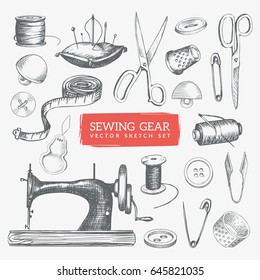 Hand-drawn sewing gear and tools illustration. Vintage sketch icons set. Eps10 vector.