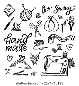 Hand-Drawn Sewing Tools and Handmade Craft Supplies Illustration, Featuring Needles, Scissors, and Knitting Supplies for Crafting Projects. EPS 10