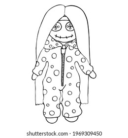 Hand-drawn sewn doll. Vector illustration isolated on white background in doodle style. Suitable for tattoo, design, coloring, t-shirts, brand logo, badge, t-shirts, printed cups, postcards.