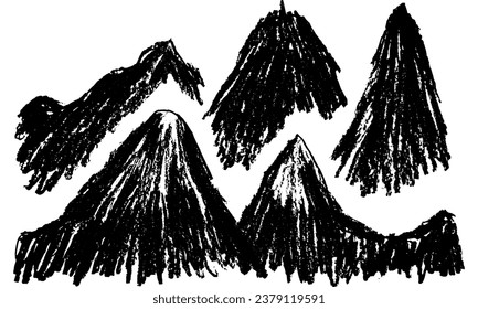 Hand-drawn shading mountains. Rough pencil illustration of mountain silhouette. Monochrome grunge design element. Abstract vector black doodle isolated on transparent background