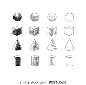 Hand-drawn shape of a sphere cone cube in the form of a cube in 3d perspective black and white with shadows and lines