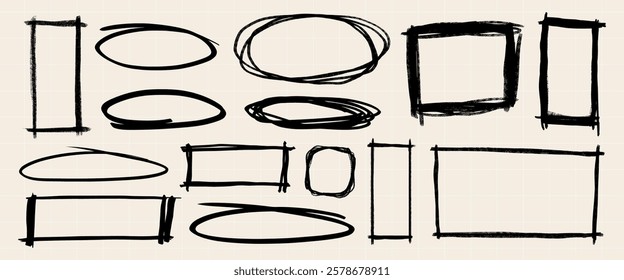 Hand-drawn shapes, including rectangles and ovals, in black ink. Sketchy, artistic rectangles and ovals, ideal for creative designs and illustrations. Hand drawn doodle frames, vector set.