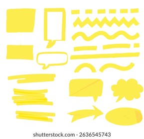 Hand-drawn shapes and lines - highlighters. Yellow Vector set. Use for note, illustrations and decorations texts, articles, slideshow. hand drawn pen or brush underlines for important text selection.