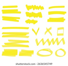 Hand-drawn shapes and lines - highlighters. Yellow Vector set. Use for note, illustrations and decorations texts, articles, slideshow. hand drawn pen or brush underlines for important text selection.