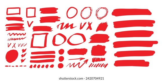Hand-drawn shapes and lines - real highlighters. Red Vector set isolated on white background. Use for note, illustrations and decorations texts, articles