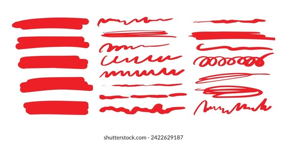 Formas y líneas dibujadas a mano - marcadores de resaltado reales. Vector rojo aislado en fondo blanco. Uso para notas, ilustraciones y decoraciones textos, artículos