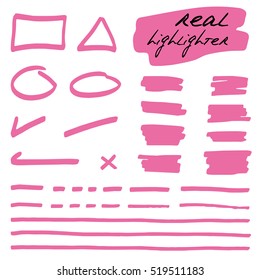 Hand-drawn shapes and lines - real highlighters. Pink. Vector set. Isolated on white background. Use for note, illustrations and decorations texts, articles, slideshow etc. Eps 10