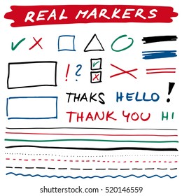 Hand-drawn shapes and lines - real spirituous markers. Black, green, blue, red. Vector set. Isolated on white background. Use for note, illustrations texts, articles, slideshow etc. Eps 10