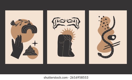 Hand-drawn shapes with tribal, botanical, feminine figures, celestial elements