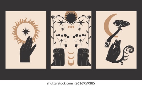 Hand-drawn shapes with tribal, botanical, feminine figures, celestial elements