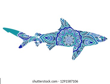 Hand-drawn shark with ethnic doodle pattern. Coloring page - zendala, for relaxation and meditation for adults, vector illustration, isolated on a white background. .