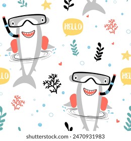 Hand-drawn shark seamless pattern design. Vector illustration for fashion fabrics and textile prints.