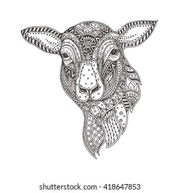 Hand-drawn sheep with ethnic floral doodle pattern. Coloring page - zendala, design for spiritual relaxation for adults, vector illustration, isolated on a white background. Zen doodles.