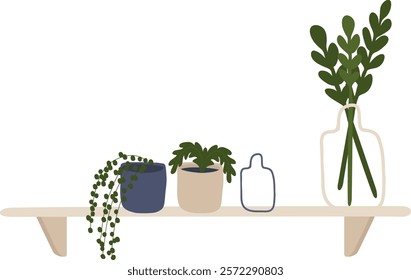 Handdrawn Shelf With Flowers Interior Vector Illustration