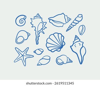Hand-drawn shell Illustrations. Line art, ink, minimalist style. Vector illustration. Summer collection.